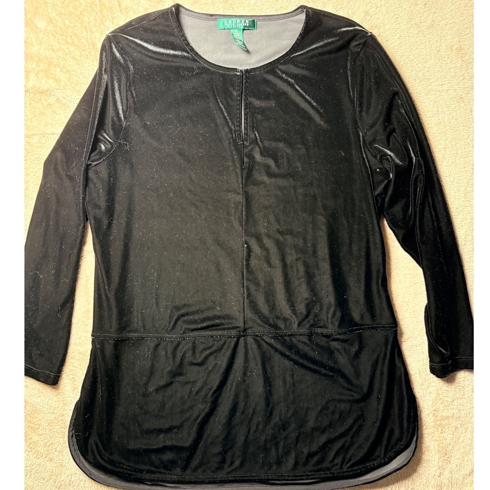 Lauren Ralph Lauren Petite Black Velvet Long Sleeve Top PL Equestrian Preppy